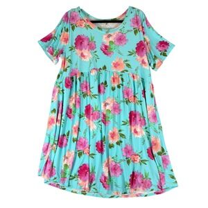 H Aqua Blue Pink Floral Babydoll Dress Short Sleeve Side Pockets 1X